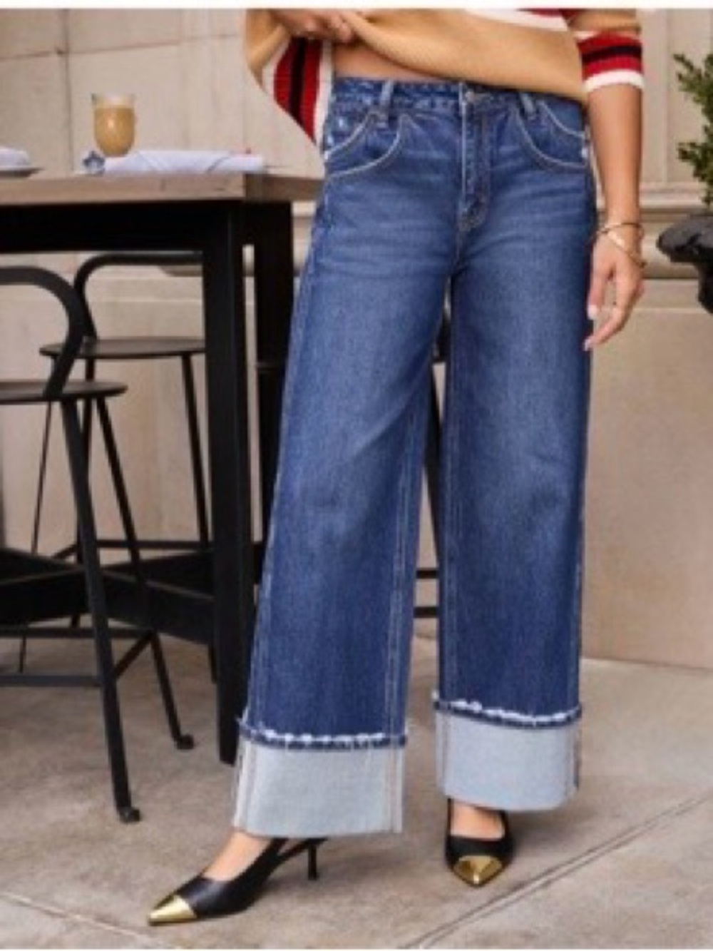 Stretch High Rise Wide Leg Cuffed Jeans - Medium Wash